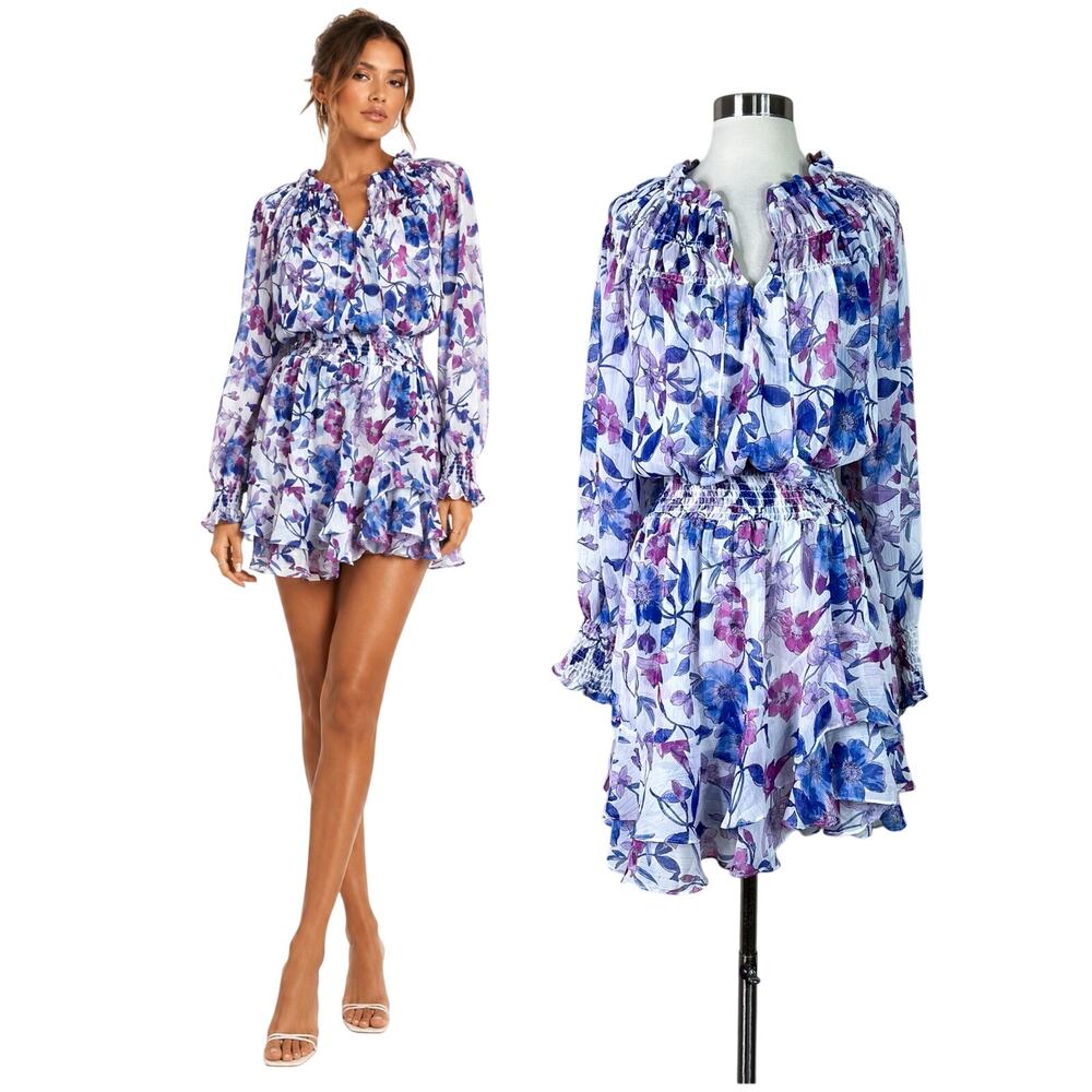 MISA Los Angeles | Almaha Floral Metallic Ruffle Mini Dress Purple Blue Small